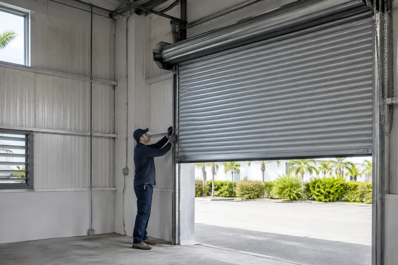 Rolling door curtain and barrel beside a person touching the guide