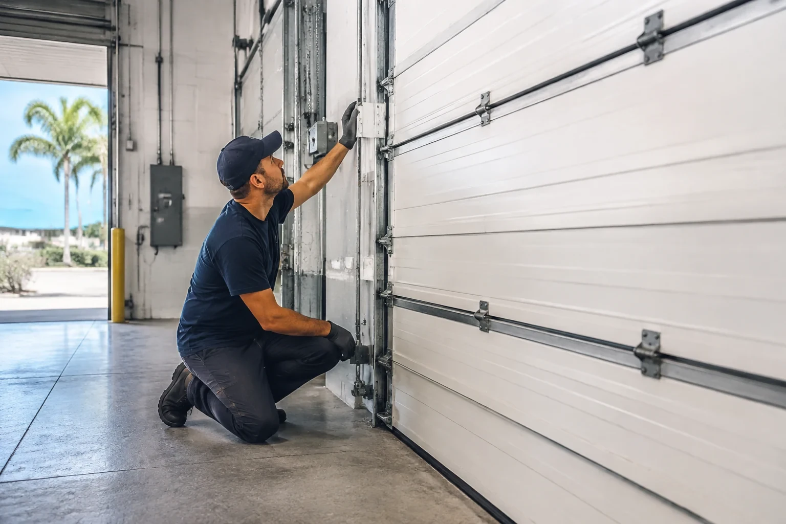 Person beside a closed sectional garage door in an industrial interior