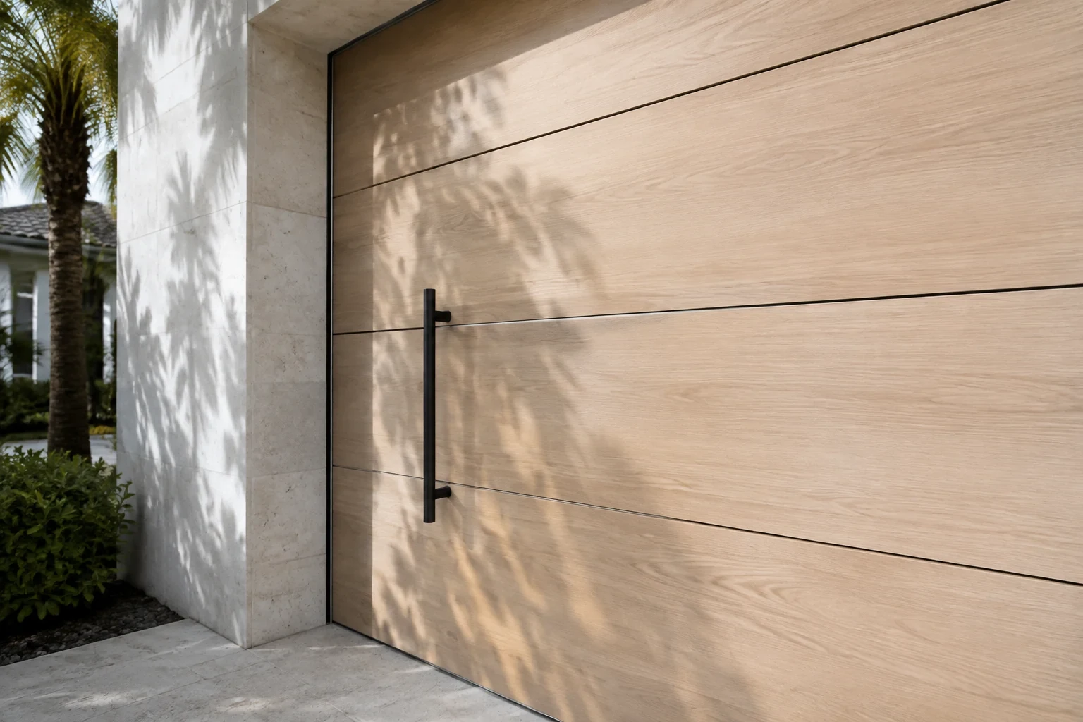 Oak-look door panels with a dark handle and palm shadows