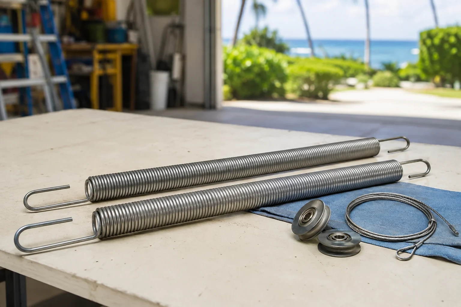 Detached hook-ended springs, pulleys and cable on a workbench