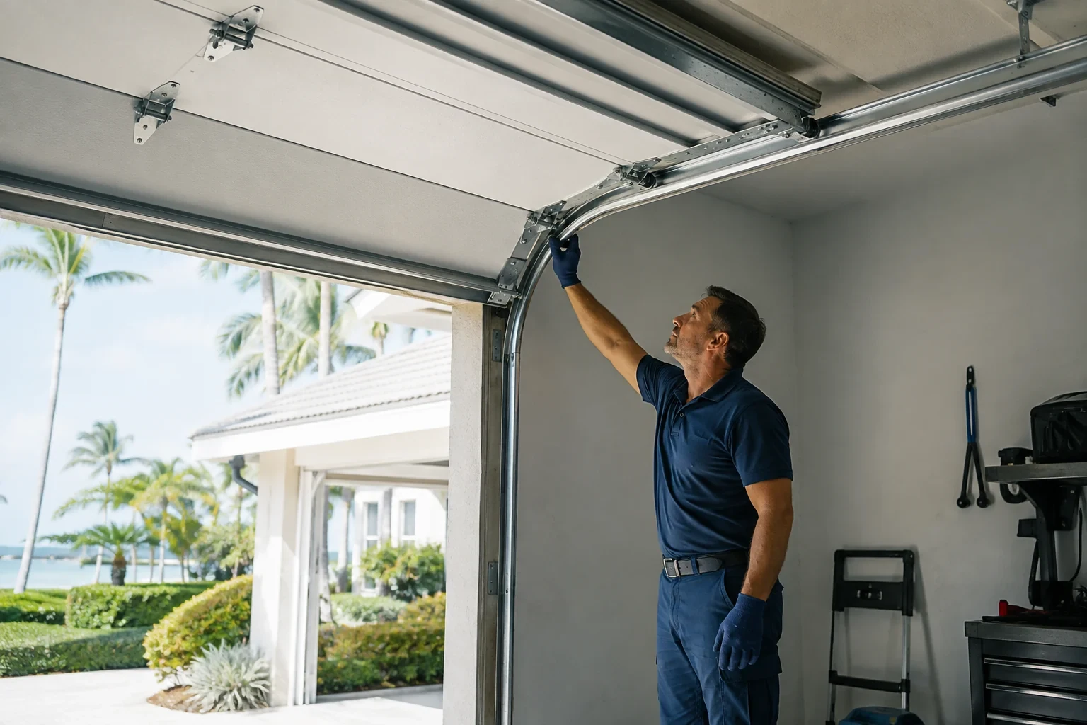Person reaching toward the curved track beneath an open garage door