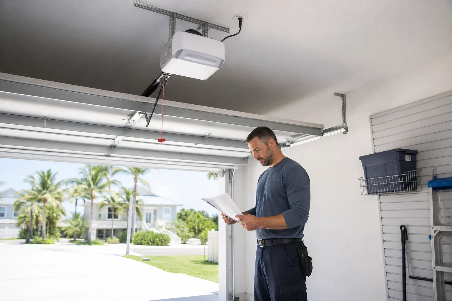 Ceiling-mounted opener and rail above a person reviewing papers