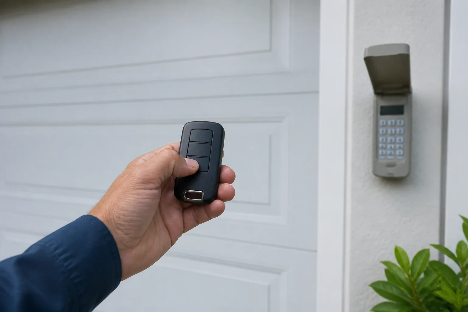 Handheld garage-door remote beside a wall keypad
