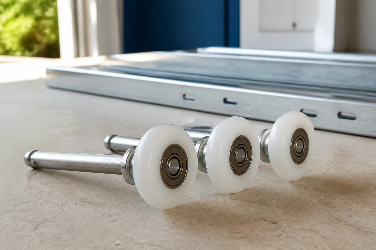 Three detached white garage-door rollers with stems on a workbench