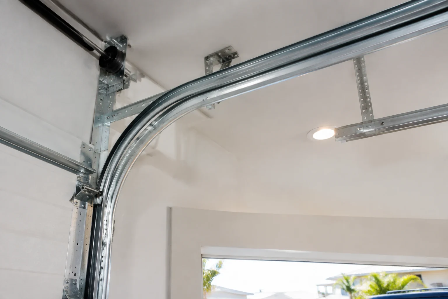 Curved garage-door track and its supports