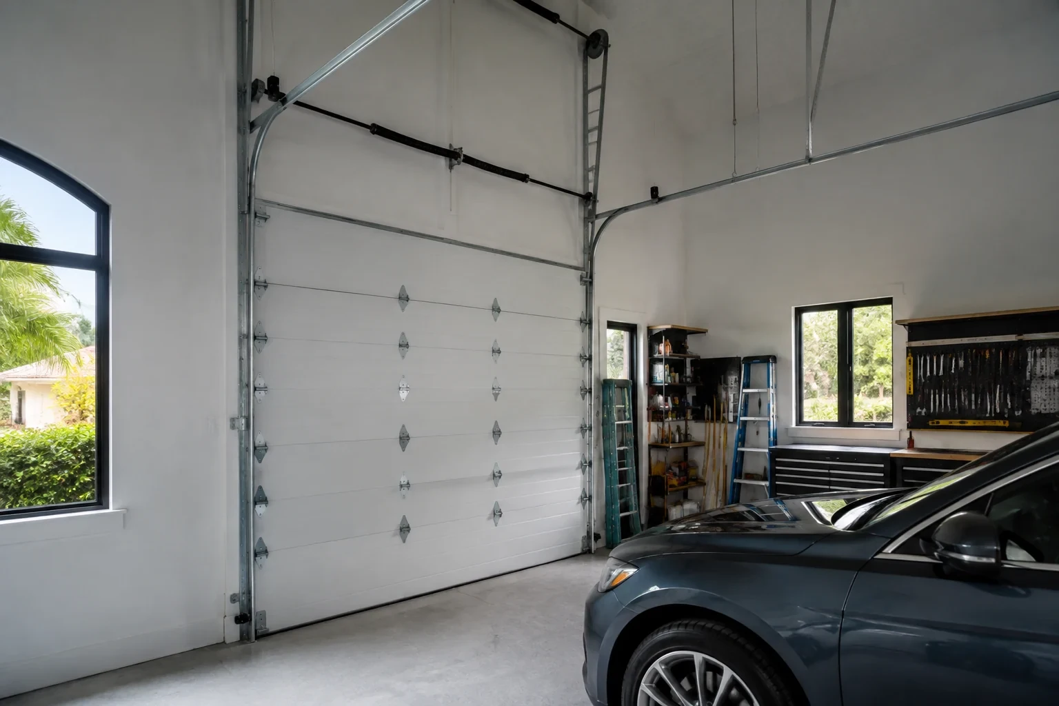 Tall garage interior with multiple track curves and long supports
