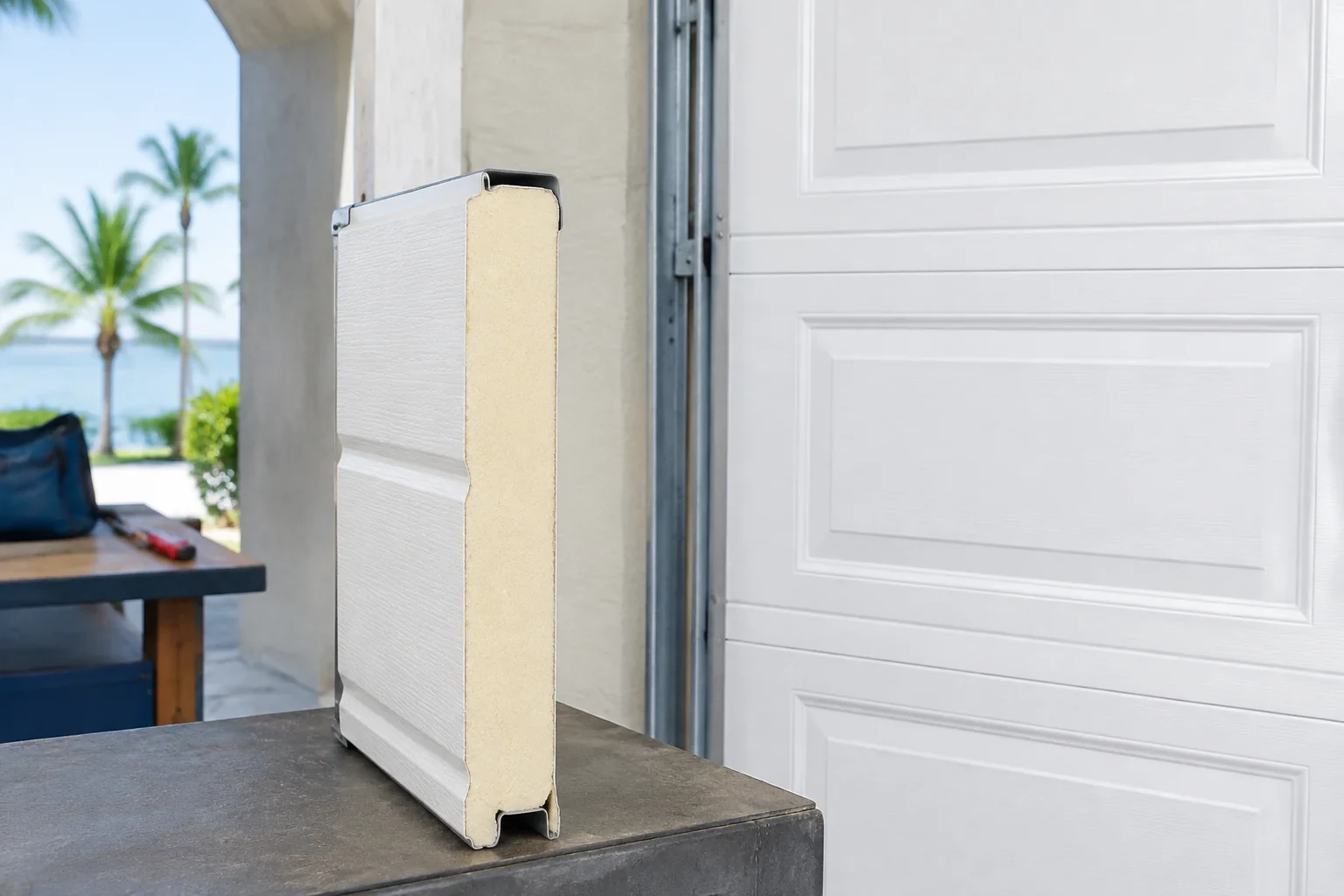Detached garage-door panel cross-section with a foam-like core