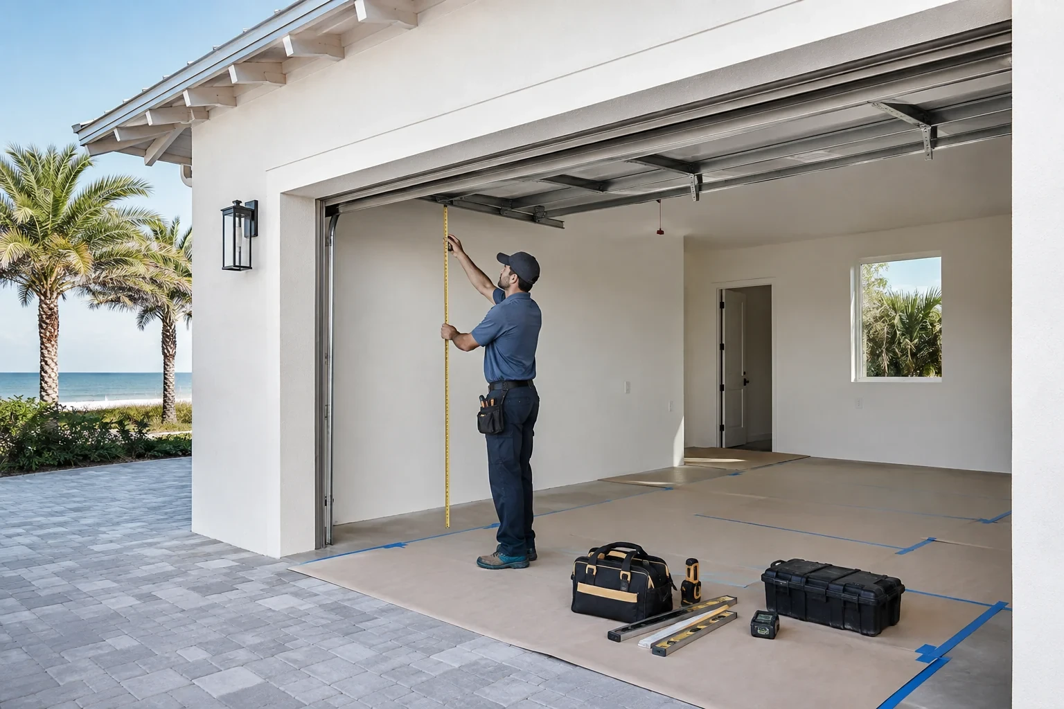 Person measuring beneath an open garage door above a protected floor