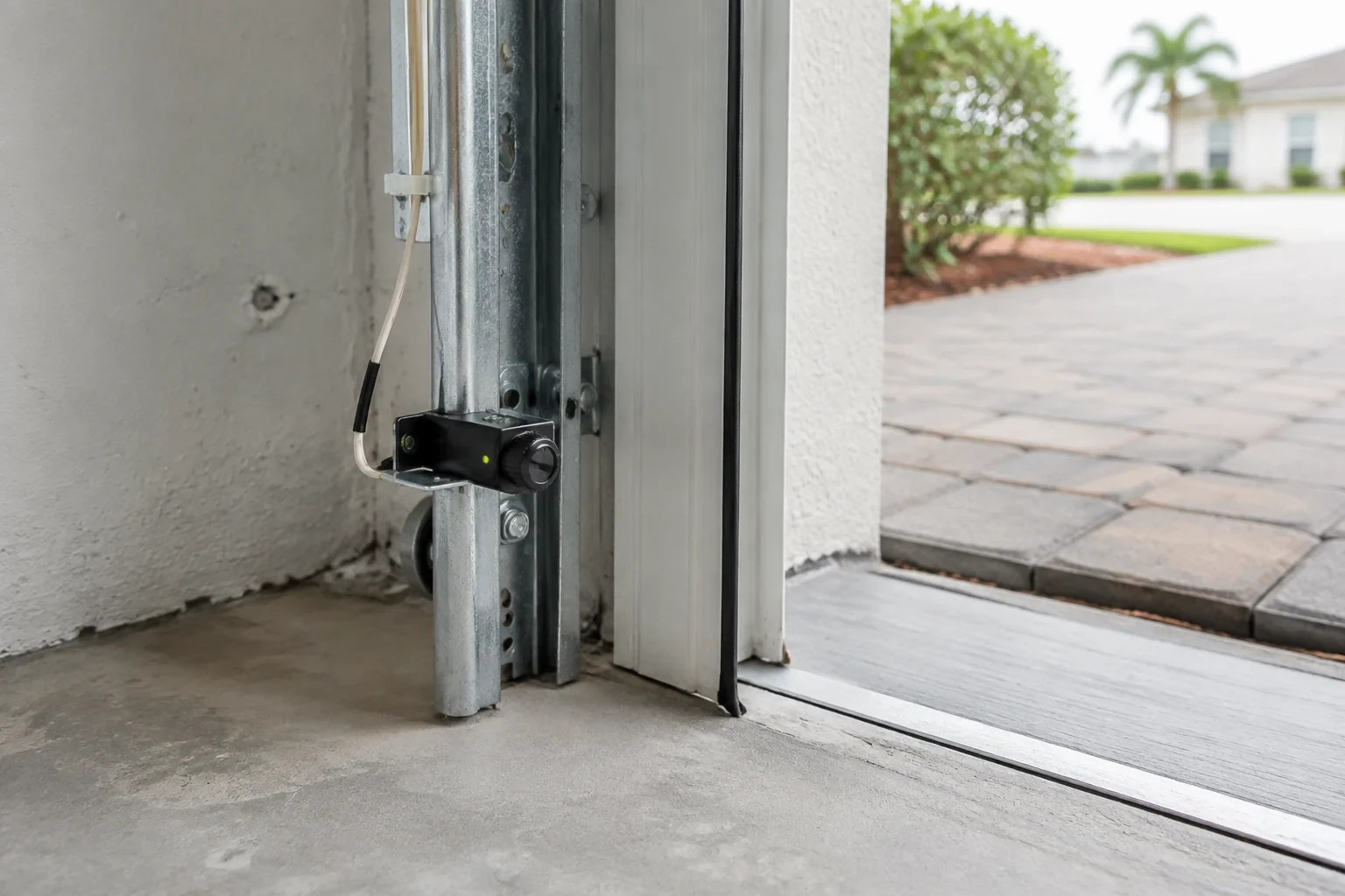 Black device with a circular front beside a garage-door track