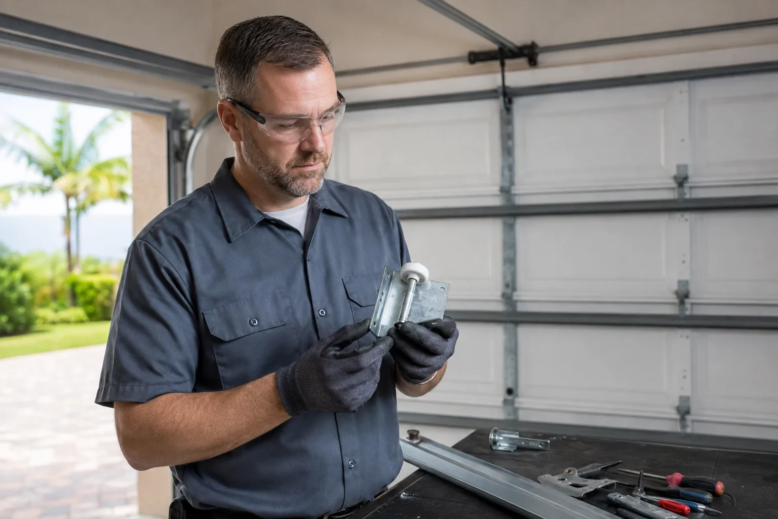 Technician examining garage-door roller hardware